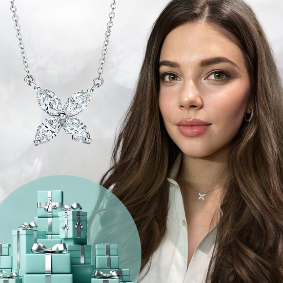 Dainty Flower Pendant Necklace for Women, 18K White Gold, Cubic Zirconia. - Picture 3 of 5